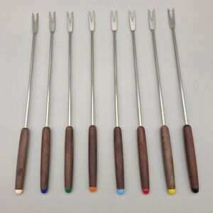 Stainless Steel Fondue Forks Wood Handles Color Tips Japan Set of 8